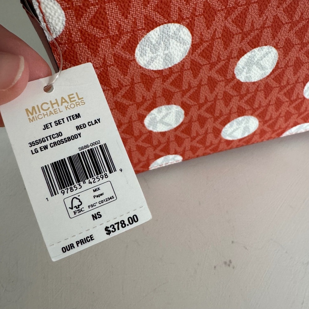 Michael Kors Red Clay Jet Set LG EW Crossbody Polka Dot Chain Strap - Picture 3 of 4